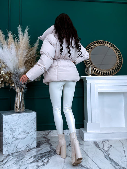 Puffy, short jacket with tie belt - light beige